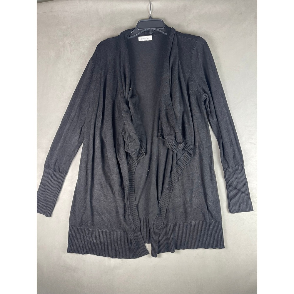 Calvin Klein Mens Black Draped Open Front Shawl Collar Cardigan Ribbed Knit 29in